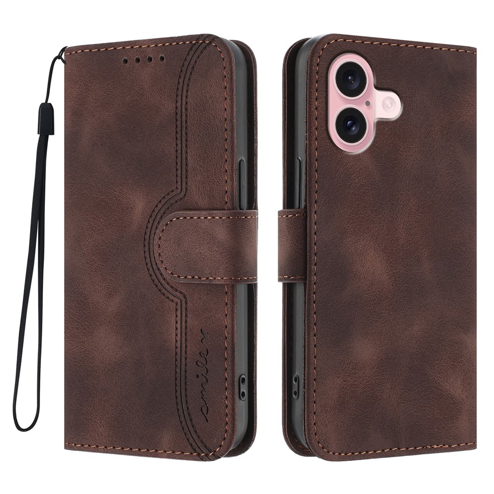 For iPhone 16 Leather Case Wallet Stand Smile Imprinted Phone Cover with Strap - Coffee