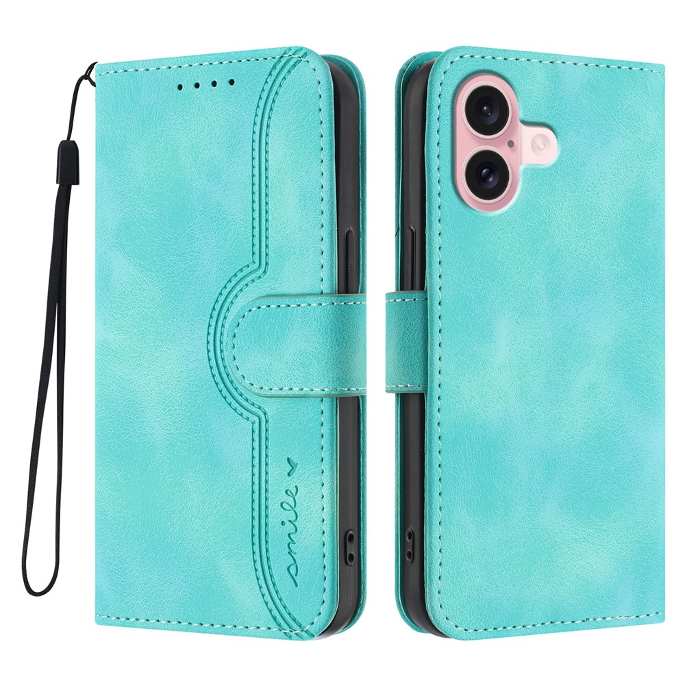 For iPhone 16 Leather Case Wallet Stand Smile Imprinted Phone Cover with Strap - Light Blue