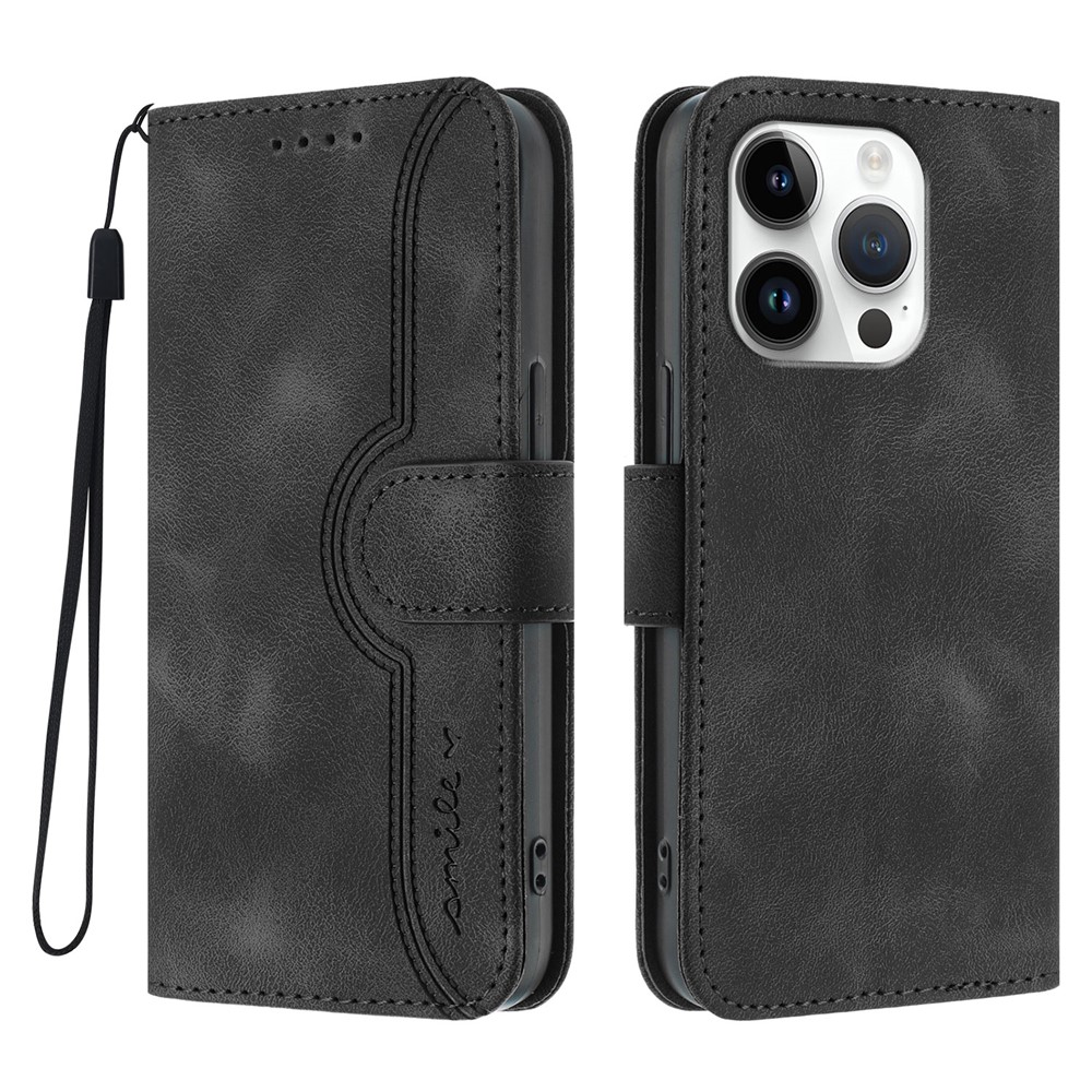 For iPhone 16 Pro Leather Case Wallet Stand Smile Imprinted Phone Cover with Strap - Black