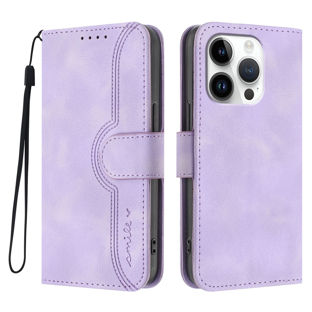 For iPhone 16 Pro Leather Case Wallet Stand Smile Imprinted Phone Cover with Strap - Purple