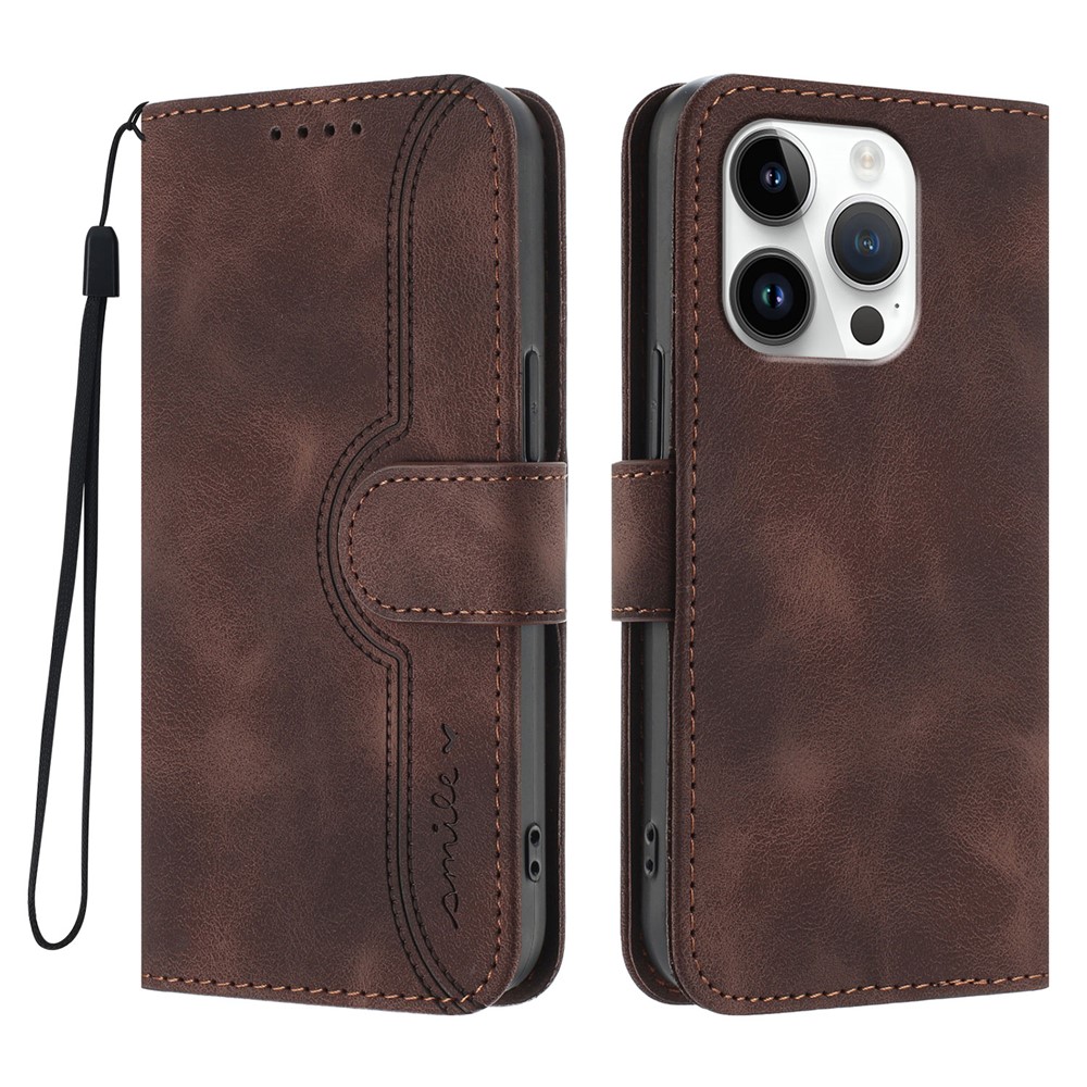 For iPhone 16 Pro Leather Case Wallet Stand Smile Imprinted Phone Cover with Strap - Coffee