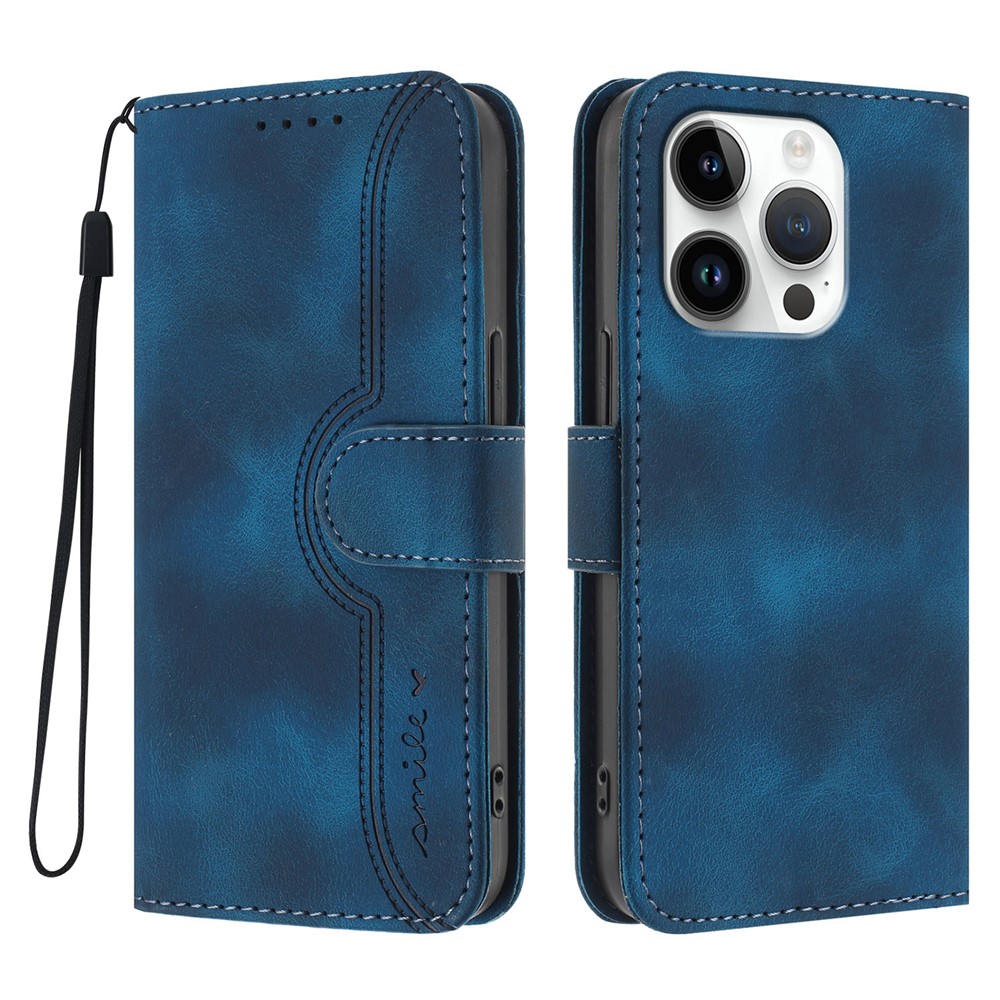 For iPhone 16 Pro Leather Case Wallet Stand Smile Imprinted Phone Cover with Strap - Royal Blue