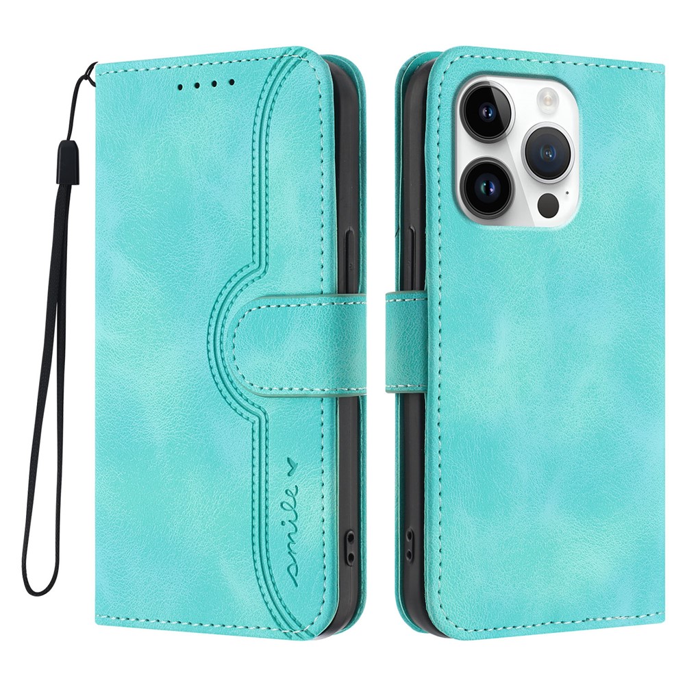 For iPhone 16 Pro Leather Case Wallet Stand Smile Imprinted Phone Cover with Strap - Light Blue