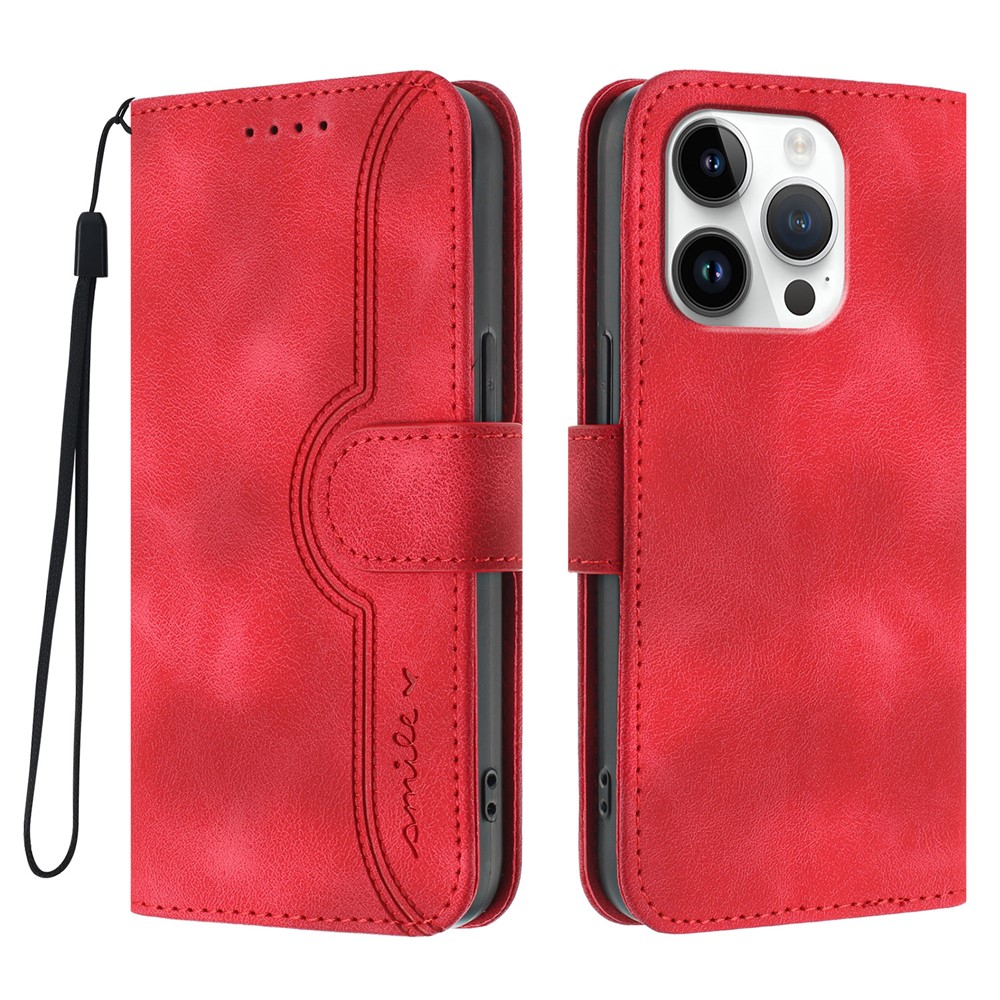 For iPhone 16 Pro Leather Case Wallet Stand Smile Imprinted Phone Cover with Strap - Red
