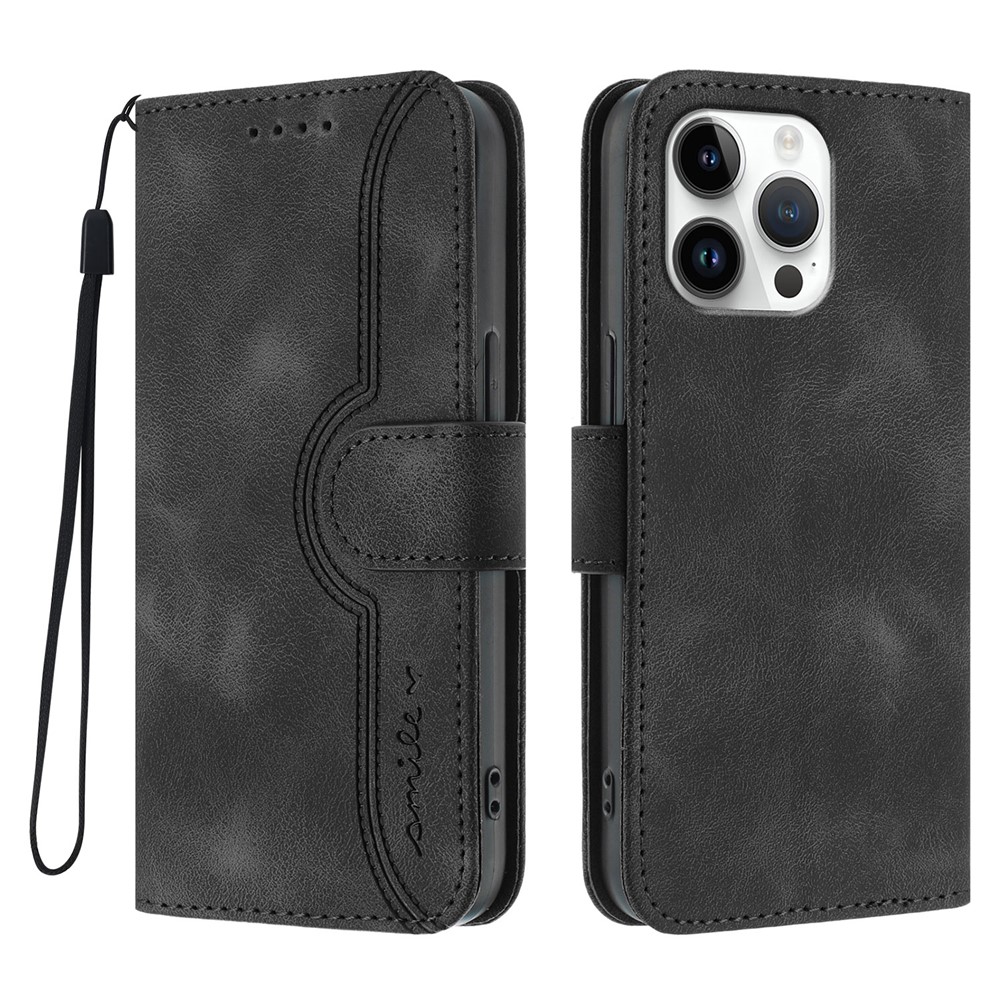 For iPhone 16 Pro Max Leather Case Wallet Stand Smile Imprinted Phone Cover with Strap - Black