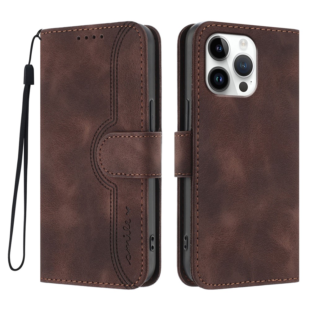 For iPhone 16 Pro Max Leather Case Wallet Stand Smile Imprinted Phone Cover with Strap - Purple