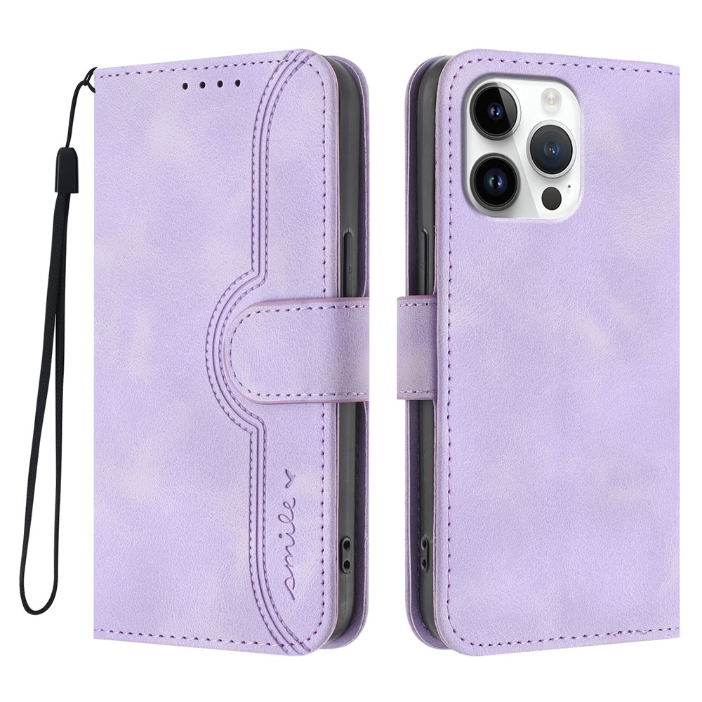 For iPhone 16 Pro Max Leather Case Wallet Stand Smile Imprinted Phone Cover with Strap - Coffee