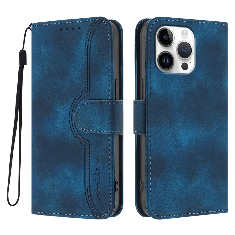 For iPhone 16 Pro Max Leather Case Wallet Stand Smile Imprinted Phone Cover with Strap - Royal Blue