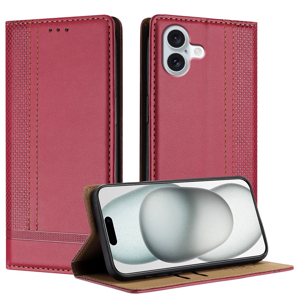 For iPhone 16 Plus Case L-Shaped Grid Pattern Leather Stand Phone Cover with Card Slots - Red