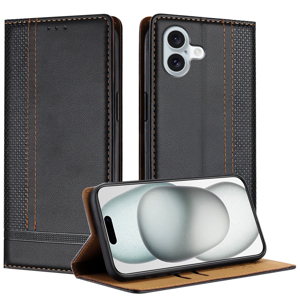 For iPhone 16 Plus Case L-Shaped Grid Pattern Leather Stand Phone Cover with Card Slots - Black