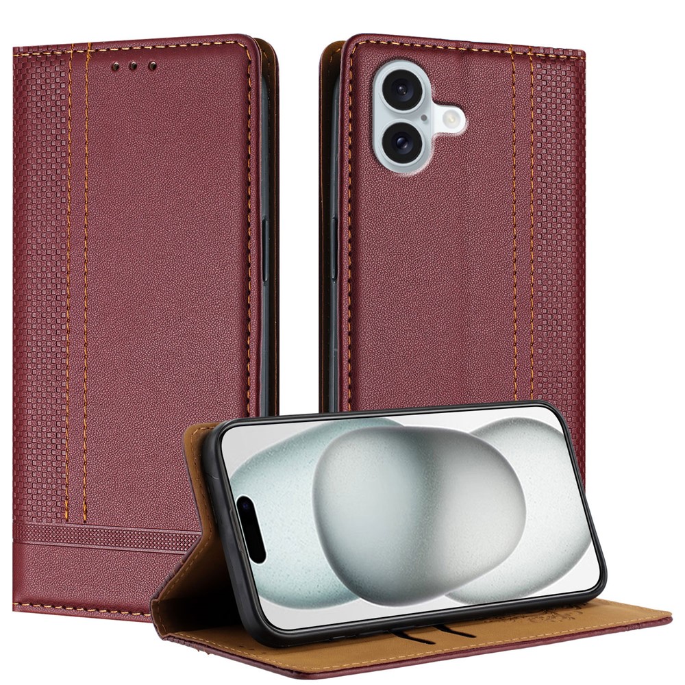 For iPhone 16 Plus Case L-Shaped Grid Pattern Leather Stand Phone Cover with Card Slots - Wine Red