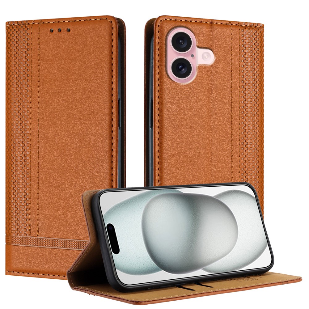 For iPhone 16 Case L-Shaped Grid Pattern Leather Stand Phone Cover with Card Slots - Brown