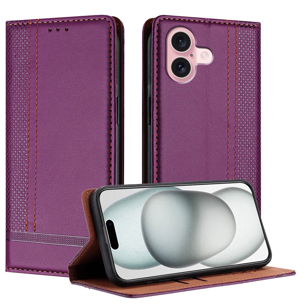 For iPhone 16 Case L-Shaped Grid Pattern Leather Stand Phone Cover with Card Slots - Purple