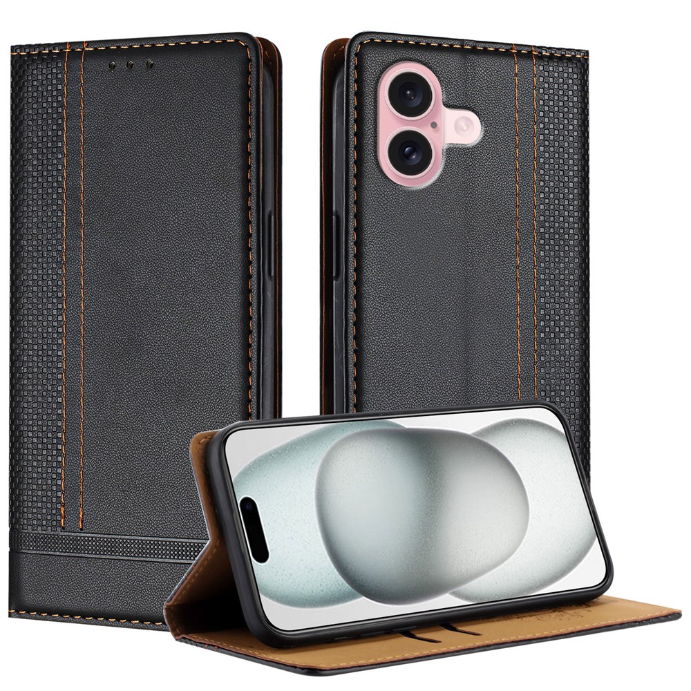For iPhone 16 Case L-Shaped Grid Pattern Leather Stand Phone Cover with Card Slots - Black