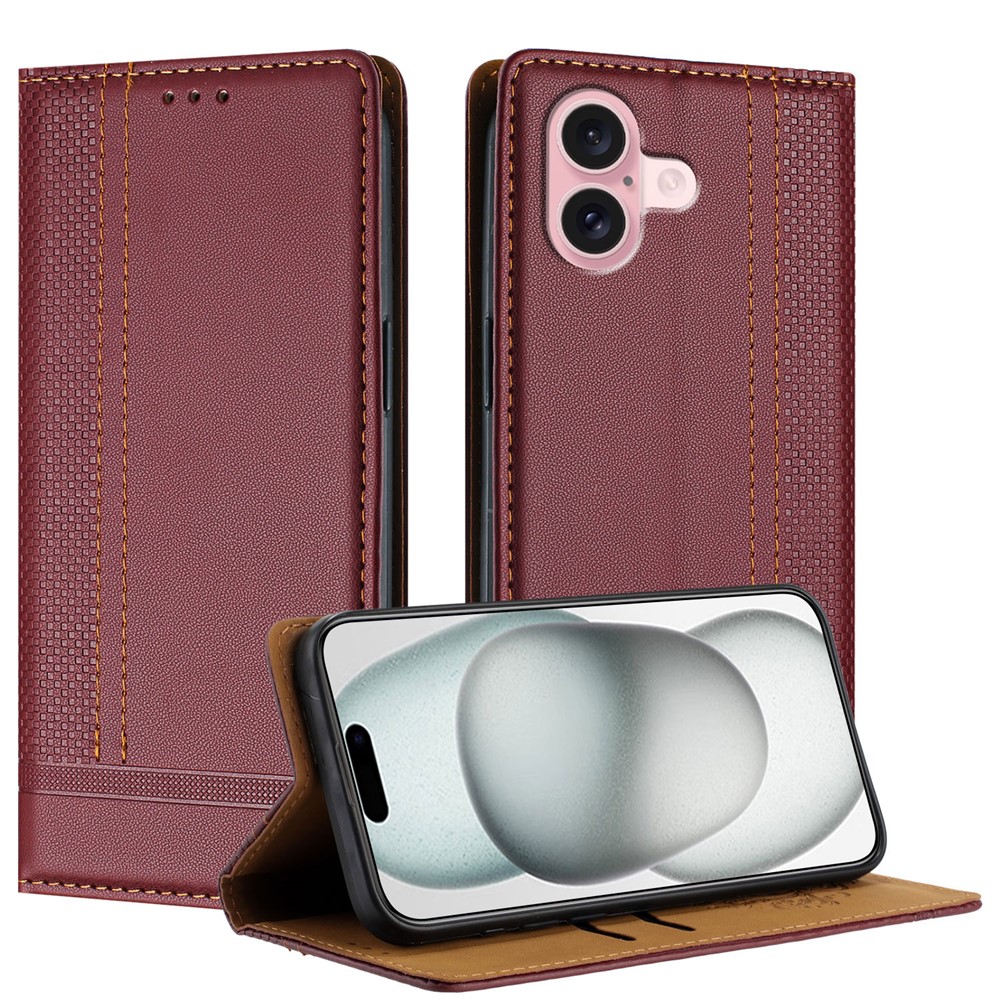For iPhone 16 Case L-Shaped Grid Pattern Leather Stand Phone Cover with Card Slots - Wine Red