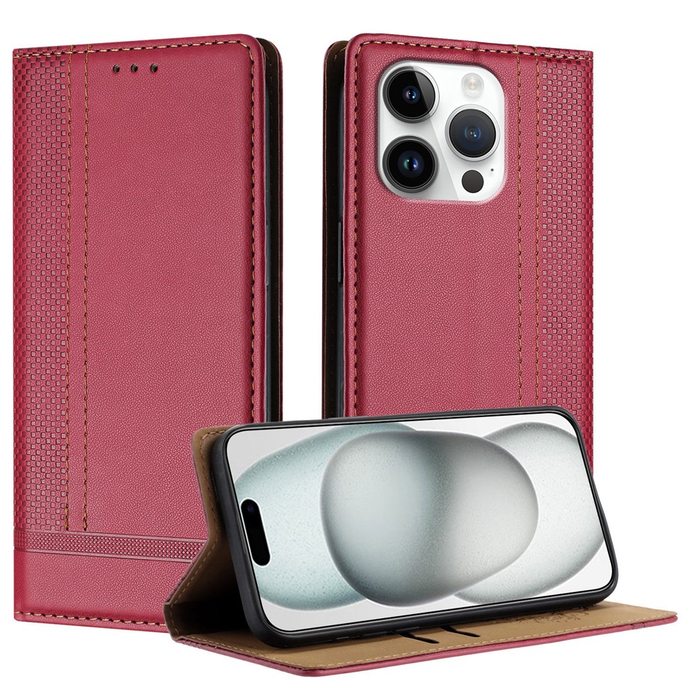 For iPhone 16 Pro Case L-Shaped Grid Pattern Leather Stand Phone Cover with Card Slots - Red