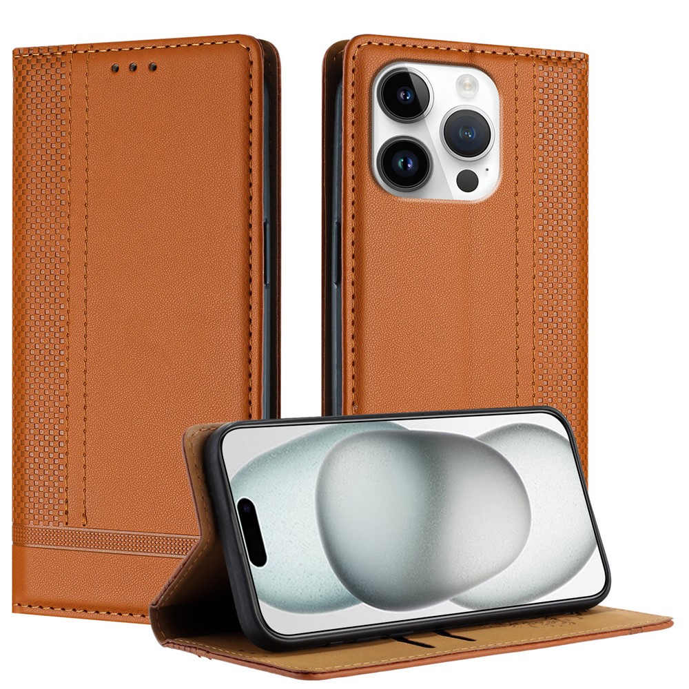 For iPhone 16 Pro Case L-Shaped Grid Pattern Leather Stand Phone Cover with Card Slots - Brown