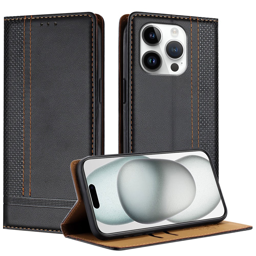 For iPhone 16 Pro Case L-Shaped Grid Pattern Leather Stand Phone Cover with Card Slots - Black