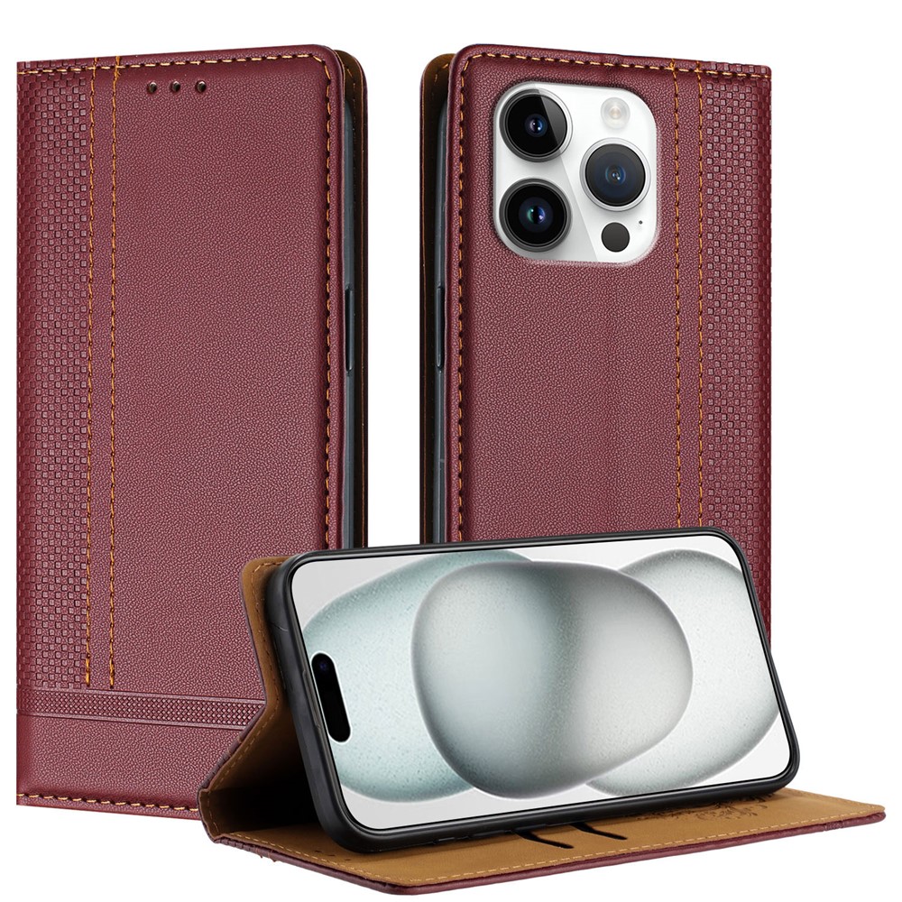 For iPhone 16 Pro Case L-Shaped Grid Pattern Leather Stand Phone Cover with Card Slots - Wine Red