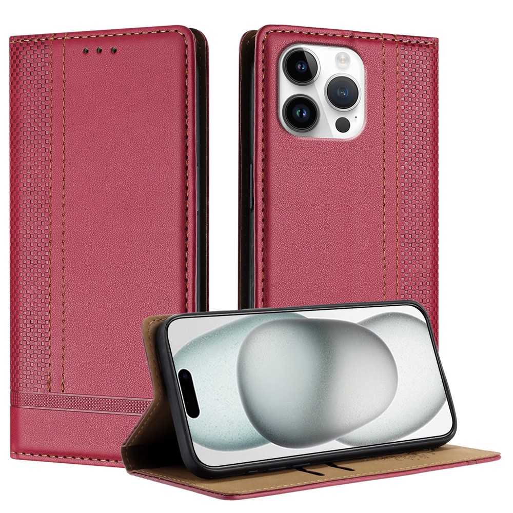 For iPhone 16 Pro Max Case L-Shaped Grid Pattern Leather Stand Phone Cover with Card Slots - Red