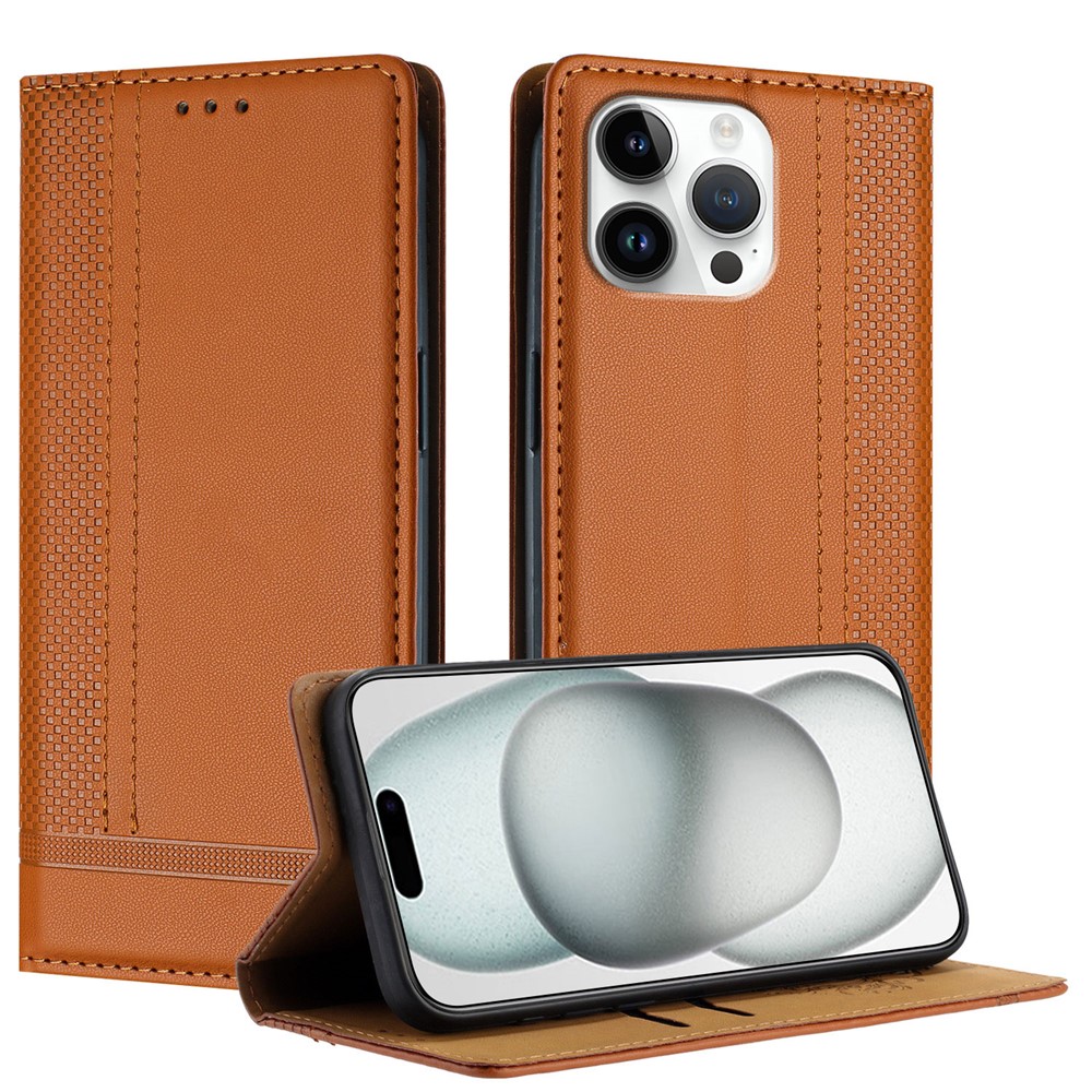 For iPhone 16 Pro Max Case L-Shaped Grid Pattern Leather Stand Phone Cover with Card Slots - Brown