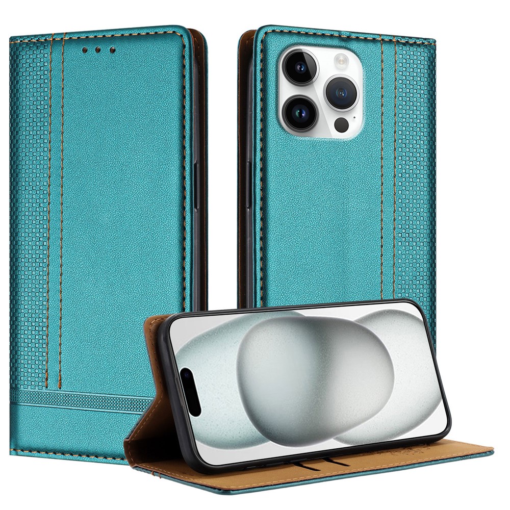 For iPhone 16 Pro Max Case L-Shaped Grid Pattern Leather Stand Phone Cover with Card Slots - Green