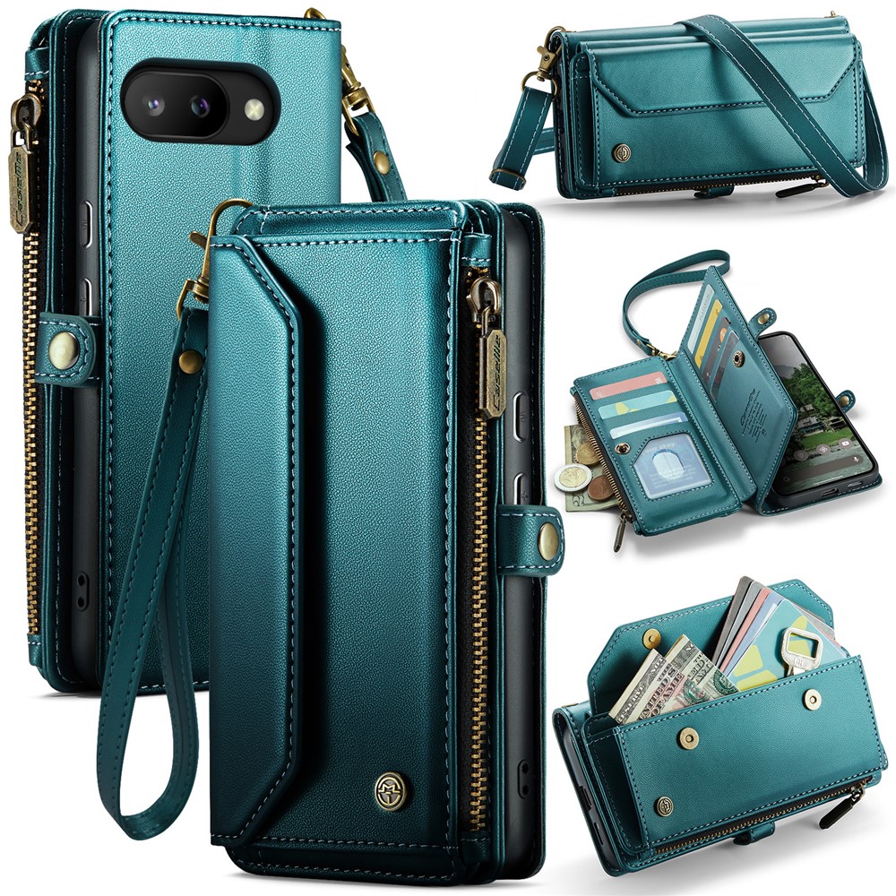 For Google Pixel 9a Leather Case CASEME C36 Zipper Multiple Card Slots Phone Cover with Straps - Green