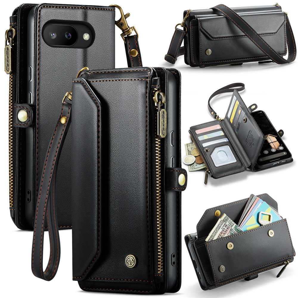 For Google Pixel 9a Leather Case CASEME C36 Zipper Multiple Card Slots Phone Cover with Straps - Black