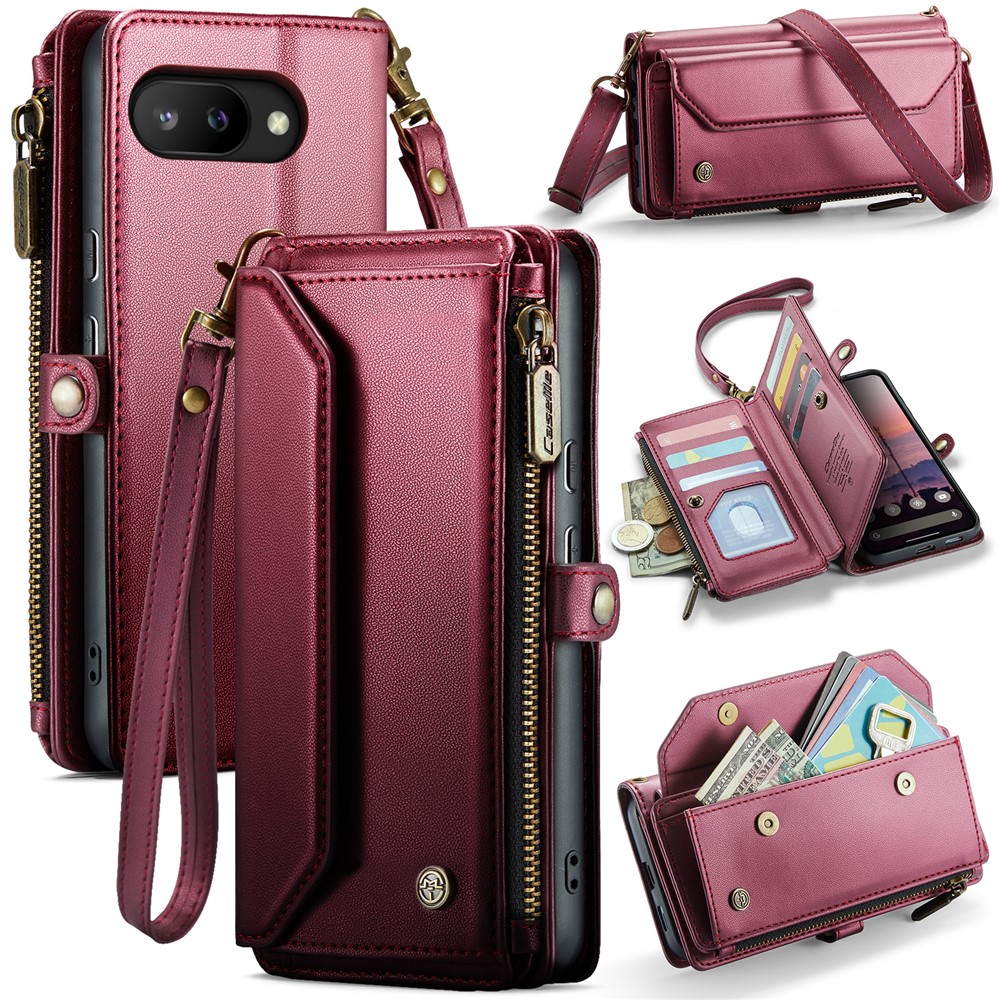 For Google Pixel 9a Leather Case CASEME C36 Zipper Multiple Card Slots Phone Cover with Straps - Wine Red