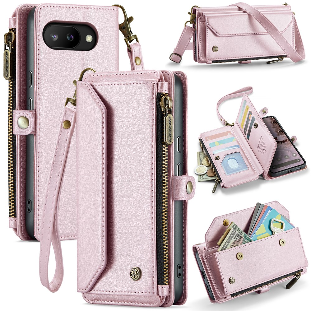 For Google Pixel 9a Leather Case CASEME C36 Zipper Multiple Card Slots Phone Cover with Straps - Pink
