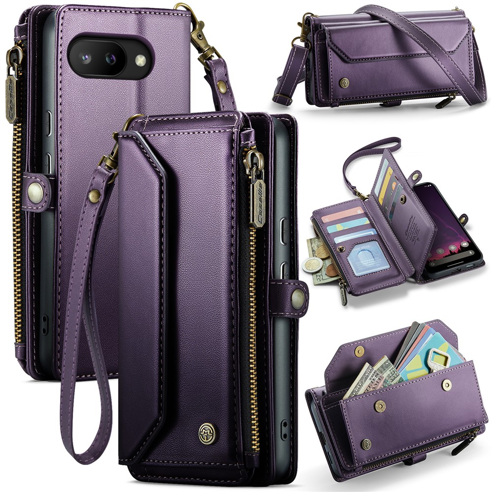 For Google Pixel 9a Leather Case CASEME C36 Zipper Multiple Card Slots Phone Cover with Straps - Purple