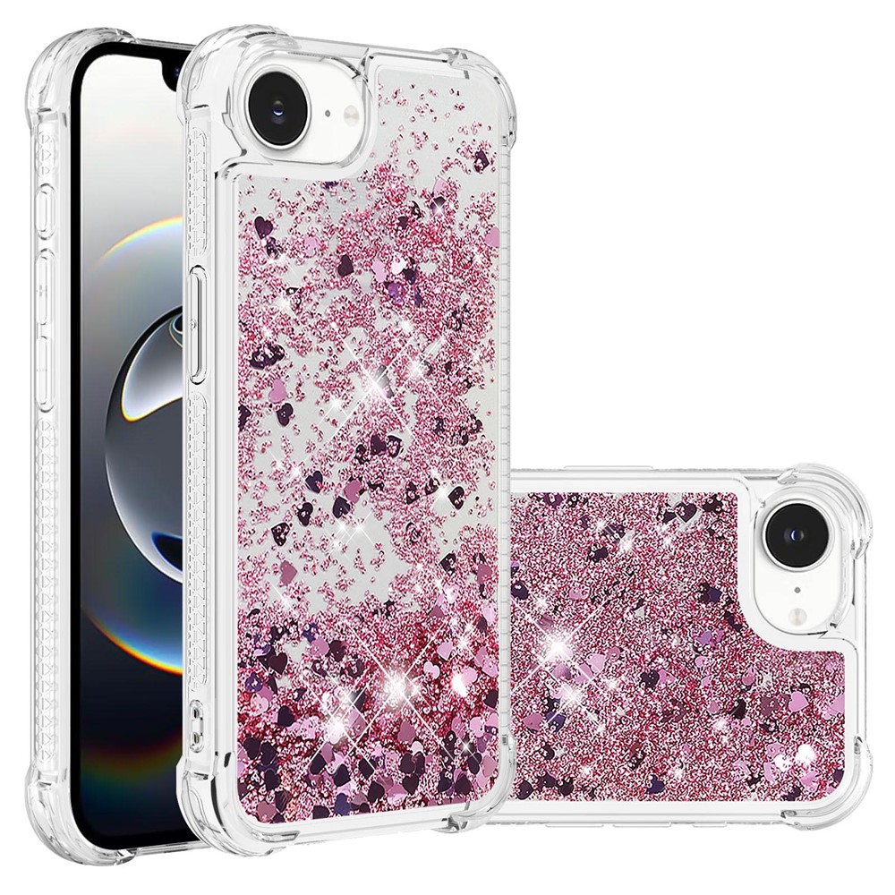 For iPhone 16e TPU Case Glitter Quicksand Shockproof Phone Back Cover - Rose Gold / Hearts
