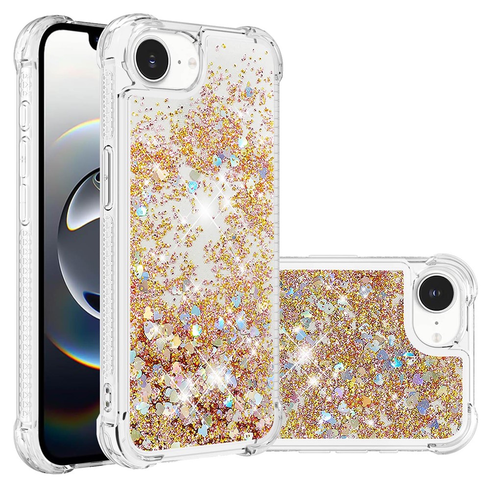 For iPhone 16e TPU Case Glitter Quicksand Shockproof Phone Back Cover - Gold / Hearts