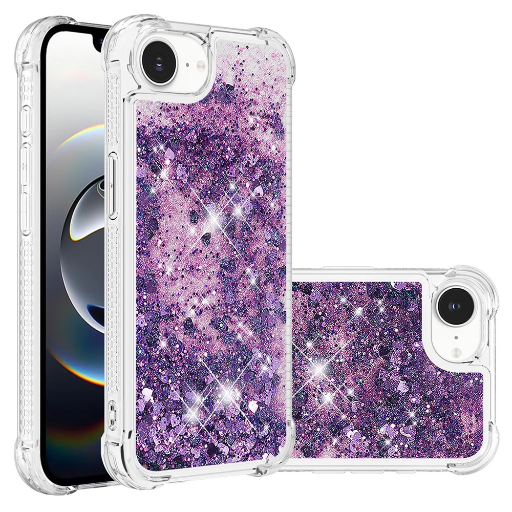 For iPhone 16e TPU Case Glitter Quicksand Shockproof Phone Back Cover - Dark Purple / Hearts