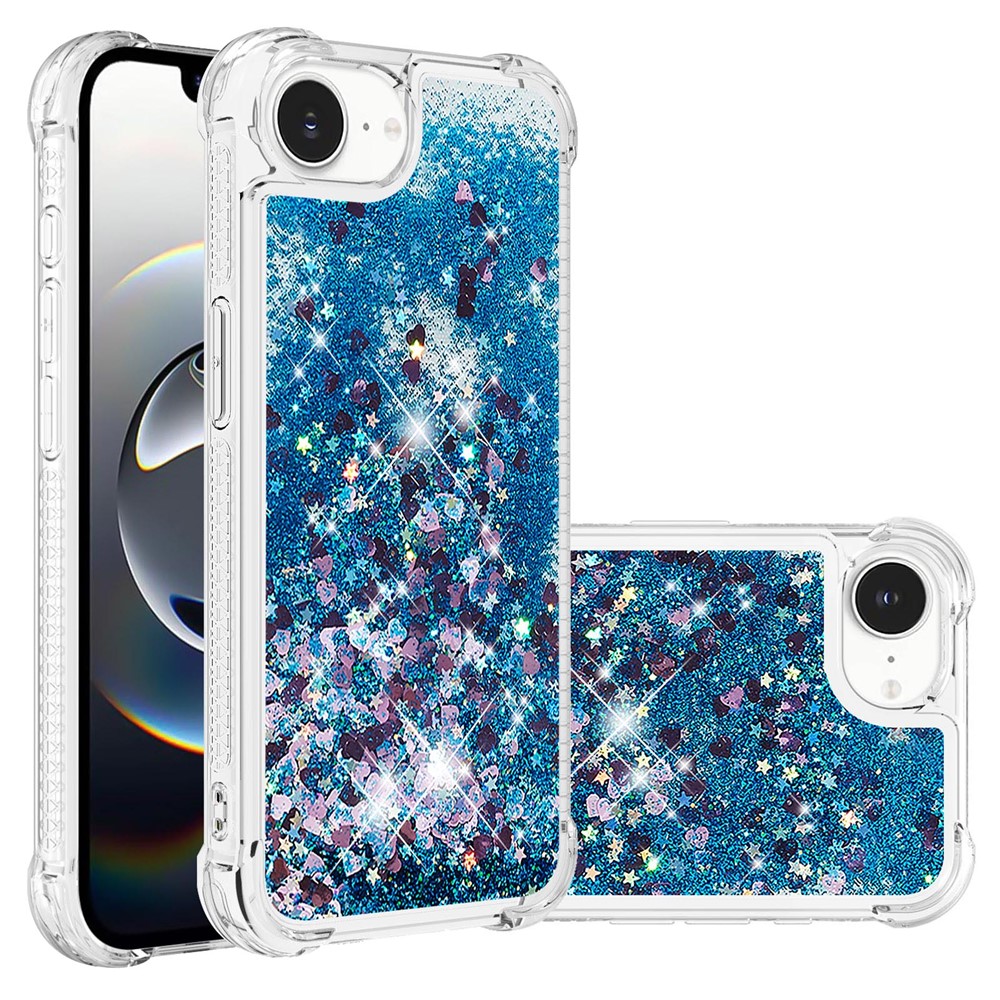 For iPhone 16e TPU Case Glitter Quicksand Shockproof Phone Back Cover - Blue / Hearts