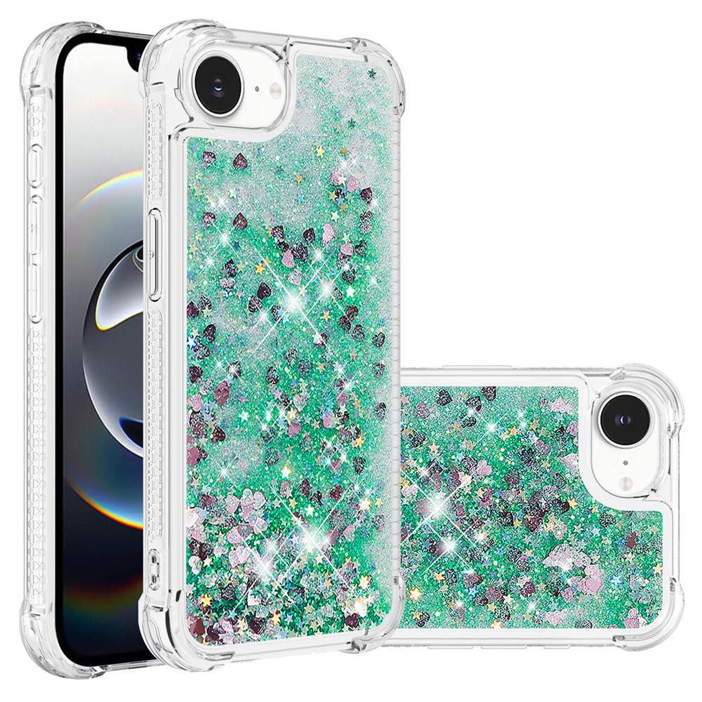 For iPhone 16e TPU Case Glitter Quicksand Shockproof Phone Back Cover - Green / Hearts