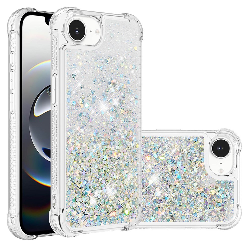 For iPhone 16e TPU Case Glitter Quicksand Shockproof Phone Back Cover - Silver / Hearts