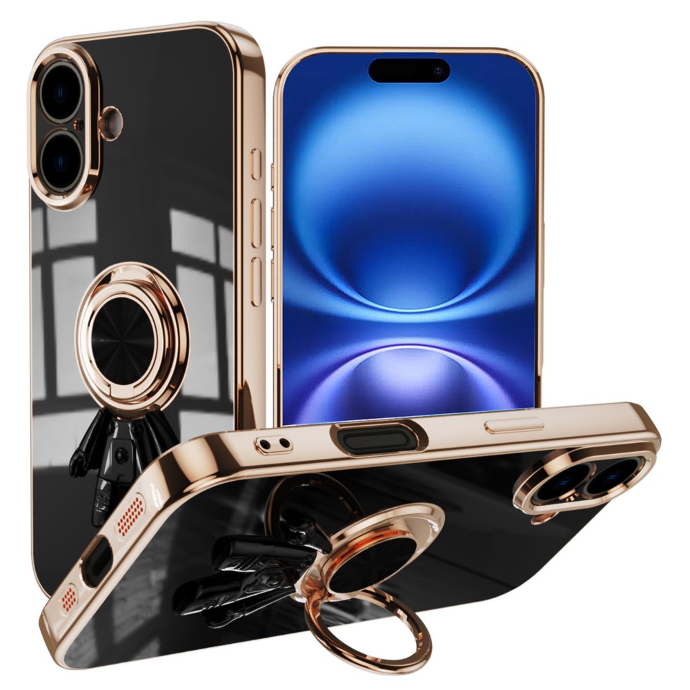For iPhone 16 Plus Case with Astronaut Ring Kickstand 6D Electroplating TPU Phone Cover - Black