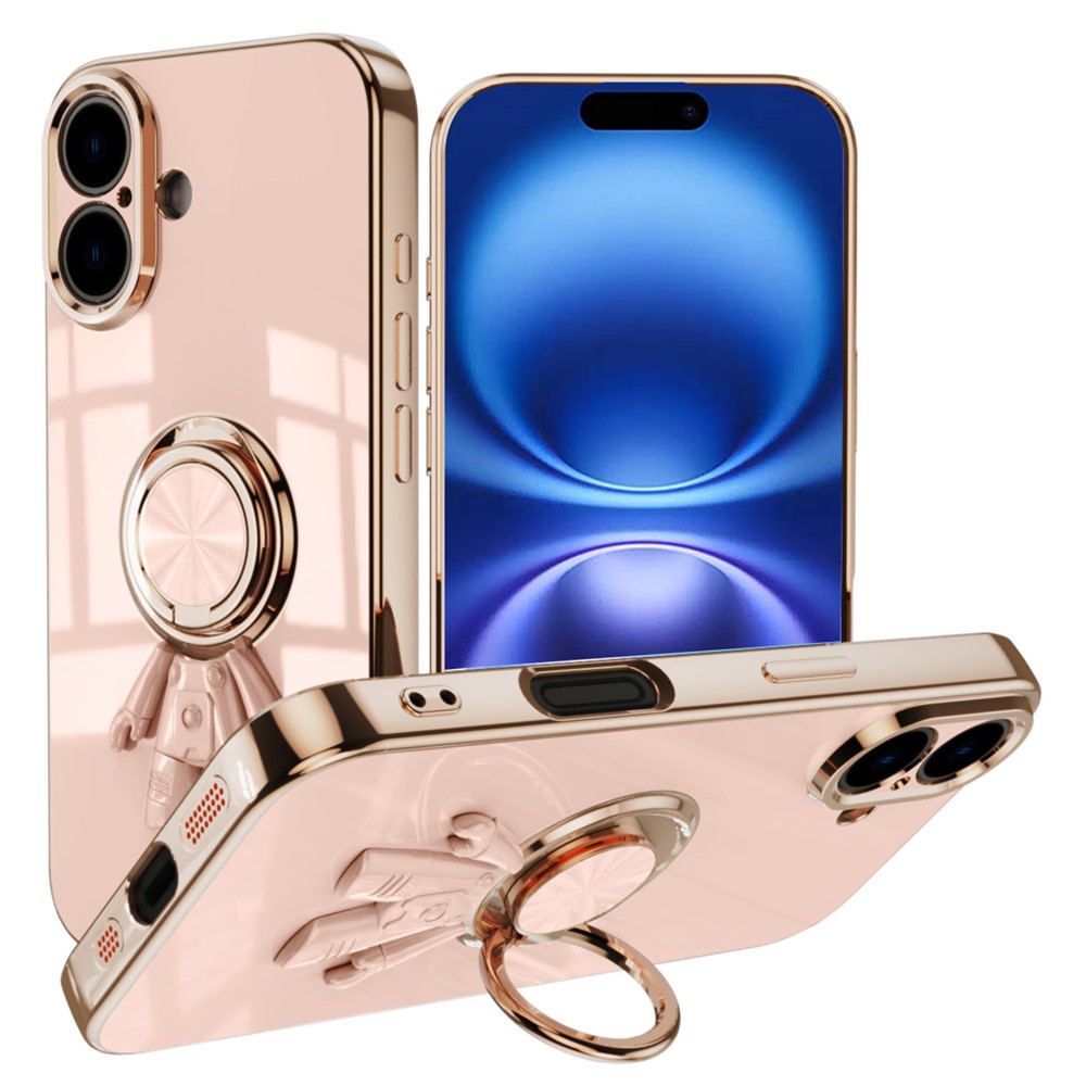 For iPhone 16 Plus Case with Astronaut Ring Kickstand 6D Electroplating TPU Phone Cover - Pink