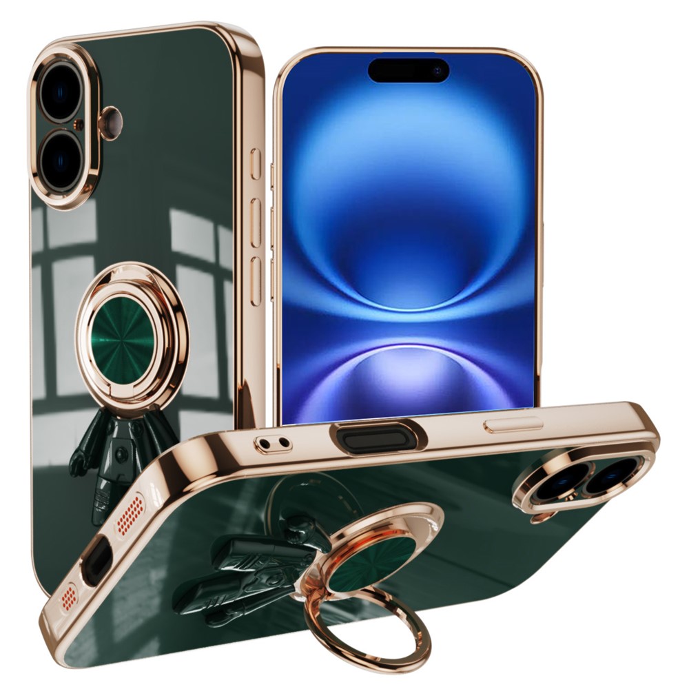 For iPhone 16 Plus Case with Astronaut Ring Kickstand 6D Electroplating TPU Phone Cover - Midnight Green