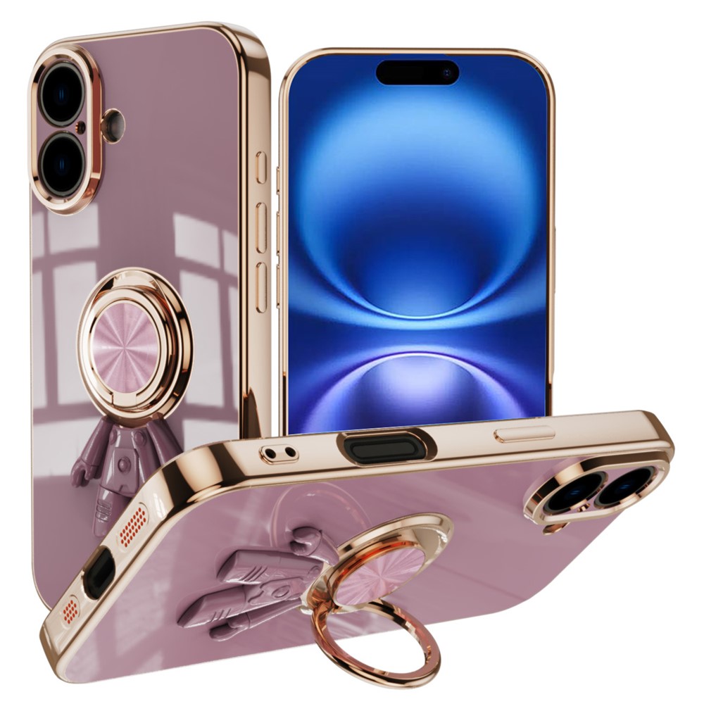 For iPhone 16 Plus Case with Astronaut Ring Kickstand 6D Electroplating TPU Phone Cover - Purple
