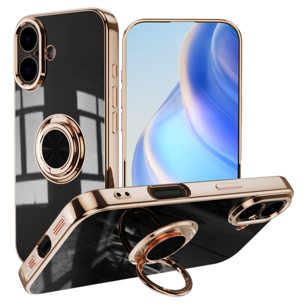 For iPhone 16 Plus Case Precise Cutouts 6D Electroplating TPU Phone Cover with Ring Holder - Black