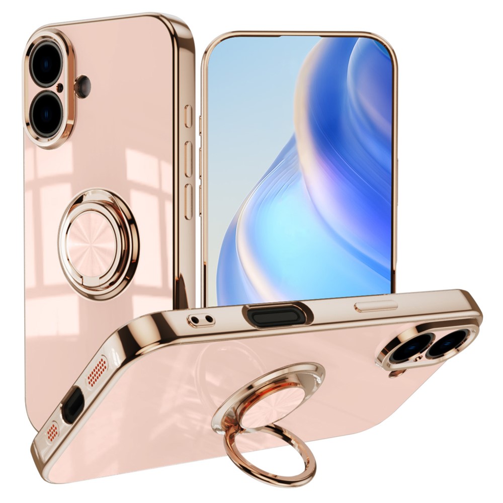For iPhone 16 Plus Case Precise Cutouts 6D Electroplating TPU Phone Cover with Ring Holder - Pink