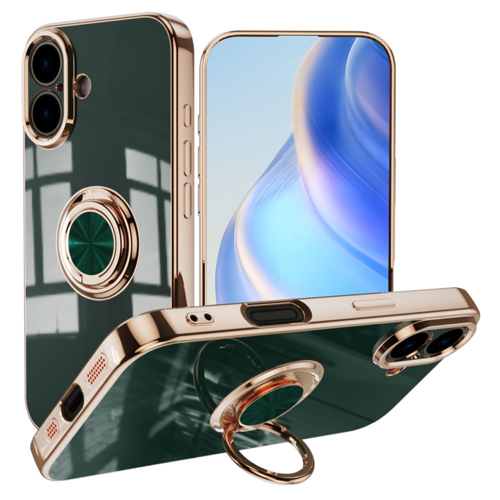 For iPhone 16 Plus Case Precise Cutouts 6D Electroplating TPU Phone Cover with Ring Holder - Midnight Green