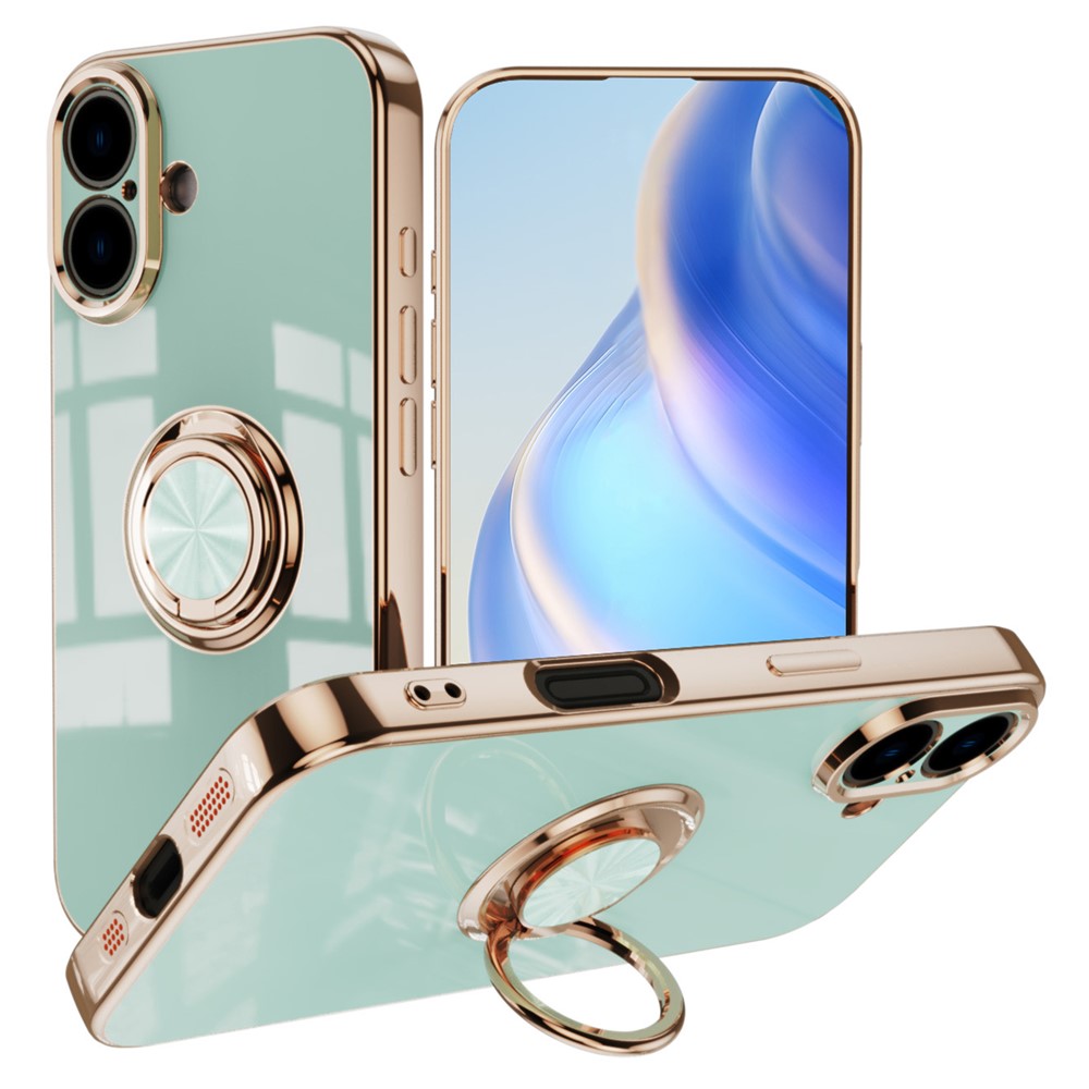 For iPhone 16 Plus Case Precise Cutouts 6D Electroplating TPU Phone Cover with Ring Holder - Light Cyan