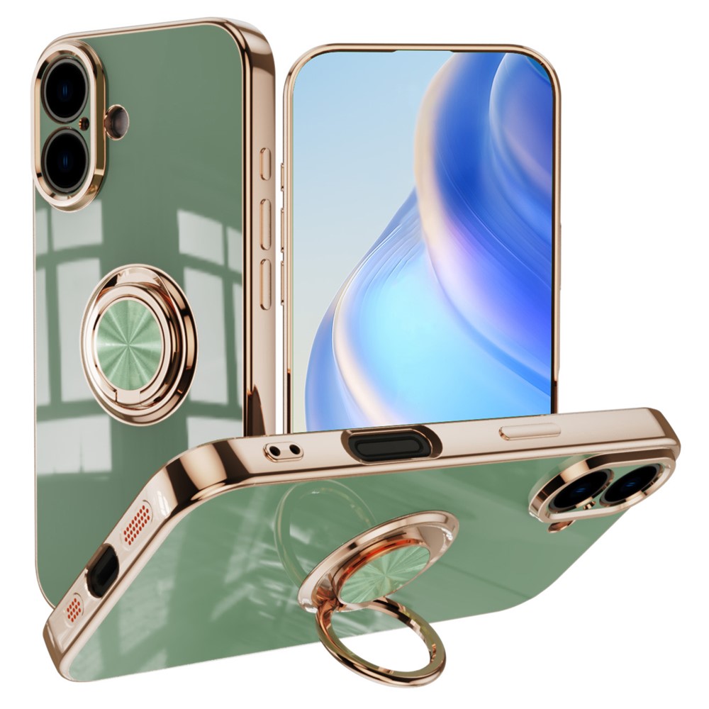 For iPhone 16 Plus Case Precise Cutouts 6D Electroplating TPU Phone Cover with Ring Holder - Green