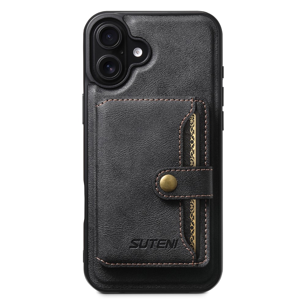 SUTENI M4 For iPhone 16 Plus Magnetic Case with Card Holder Cowhide Texture Leather Back Cover - Black