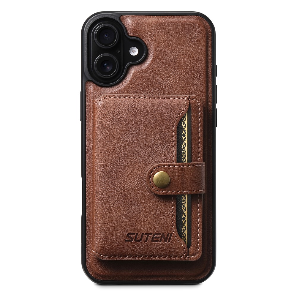 SUTENI M4 For iPhone 16 Plus Magnetic Case with Card Holder Cowhide Texture Leather Back Cover - Brown