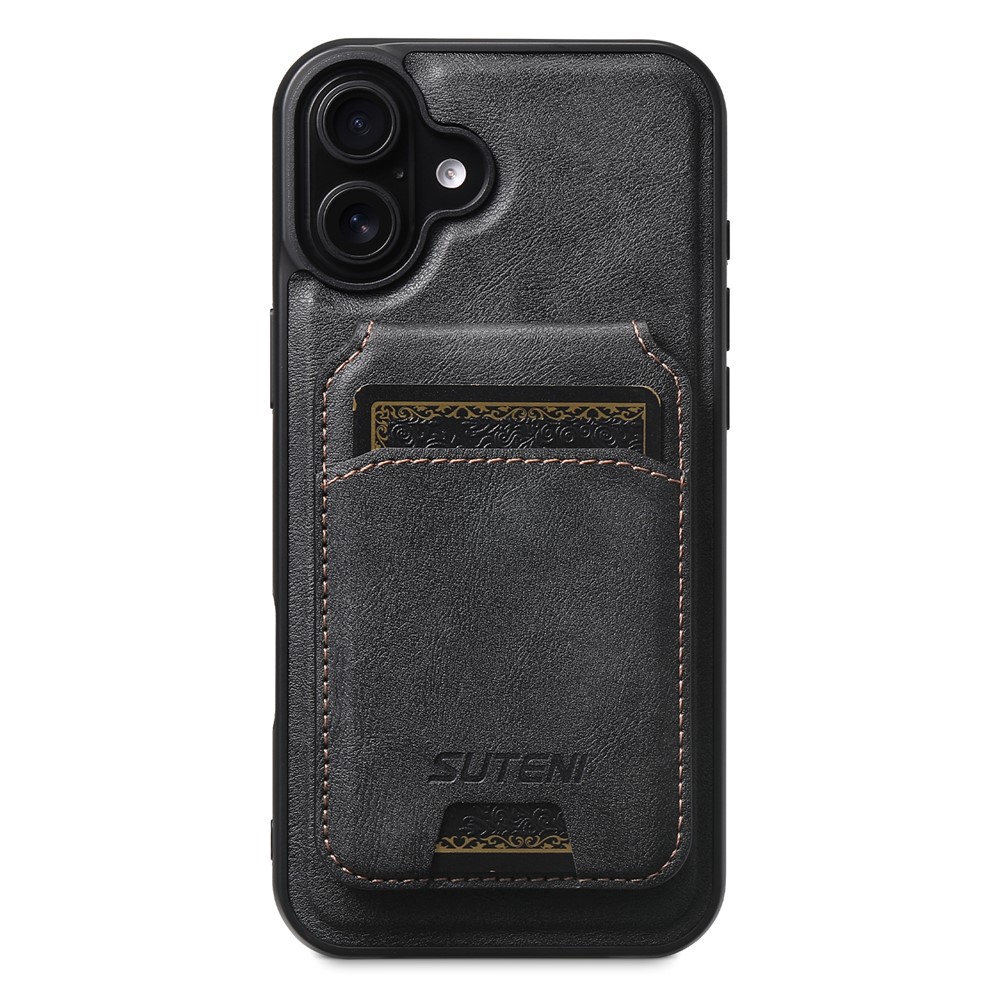 SUTENI M5 For iPhone 16 Plus Magnetic Case with Card Bag Cowhide Texture Leather Phone Back Cover - Black