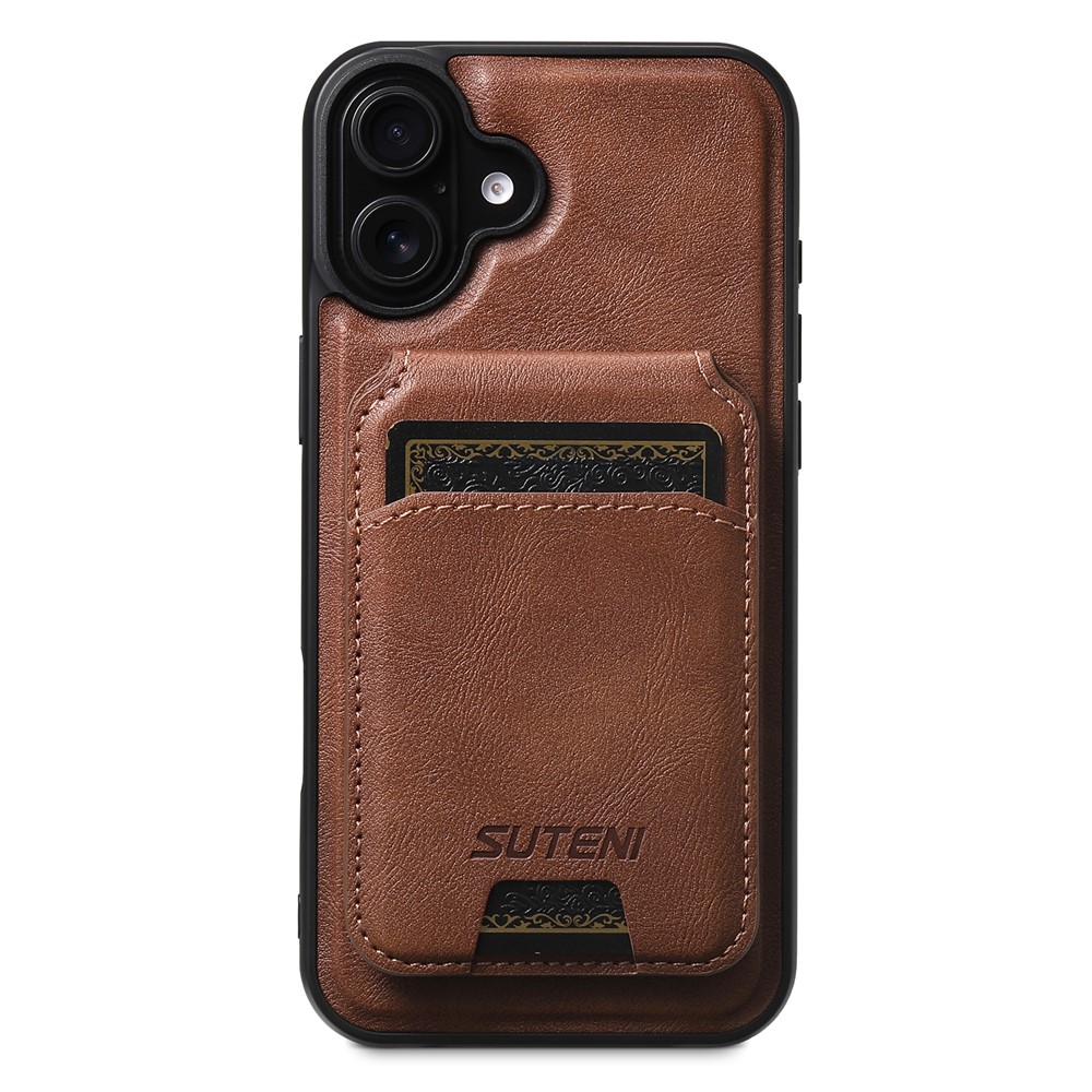 SUTENI M5 For iPhone 16 Plus Magnetic Case with Card Bag Cowhide Texture Leather Phone Back Cover - Brown